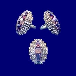 Classic Deco Uncas Amethyst Glass & Marcasite Sterling Silver Ring VTG‎ Antique